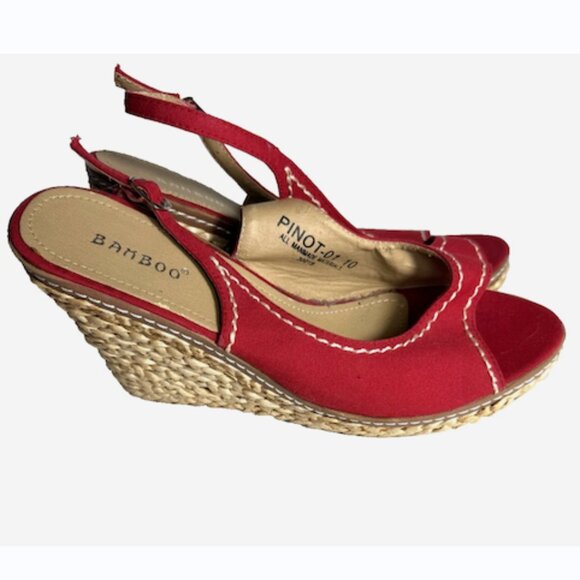 Bamboo Slingback Red Canvas Espadrille Platform Peep Toe Size 10 New - Picture 2 of 6